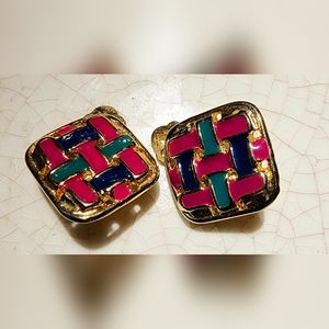 Fushia, Green and blue woven gold clip on earrings